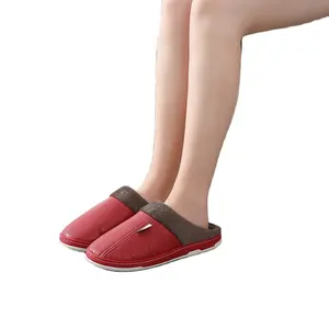 New wholesale home PU Leather Men's and women's warm anti-skid thick bottom silent home waterproof TPR cotton indoor slippers