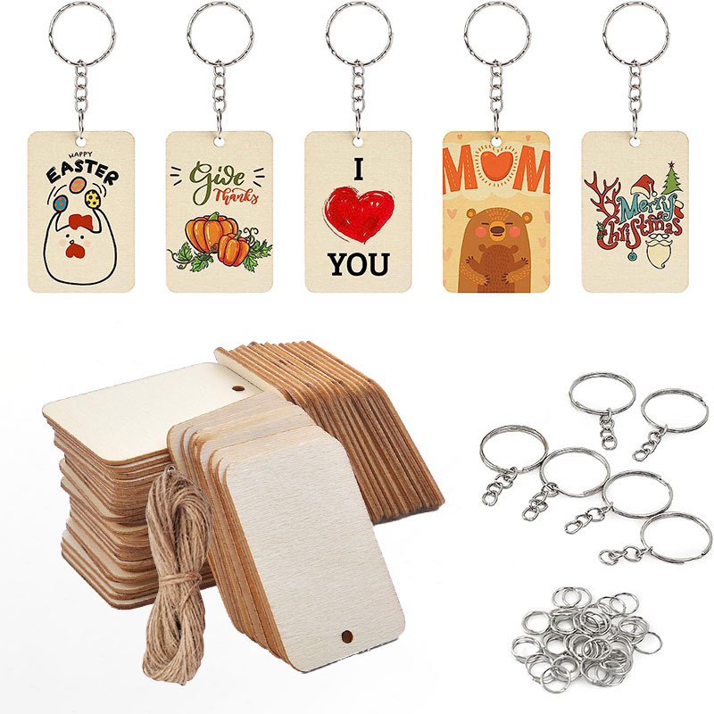 20 wood chips with 20 keychains and 20 open rings