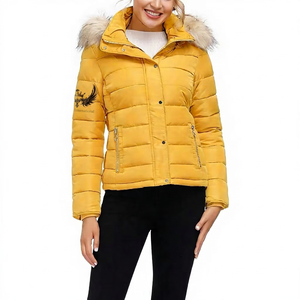 Women's Yellow Quilted Puffer Jacket With <b>Fur</b> <b>Trim</b> Hood And Zipper Pockets Winter Coat Full Sleeve Regular Length - Product Image 1