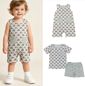 Sibling Baby Boys Trucks Stripe Pocket Top Short <b>Farm</b> Clothes <b>Set</b> Short Rompers - Product Image 4