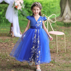 Vestido de niña de las flores con cuello en V, línea A, de tul azul bordado, estilo princesa para eventos de boda - Product Image 1