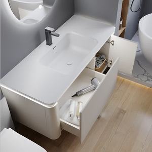 Nouvelle vanité de salle de bain intelligente blanche avec miroir rond LED et lavabo intégré en ardoise mate - Product Image 3