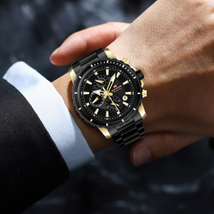 Hip Hop Mens Black Gold Chronograph Watch Luminous Dial Rotating Bezel Quartz Wristwatch for Streetwear - Product Image 6