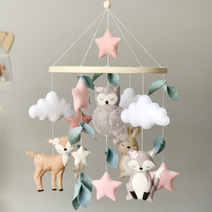 <span class=keywords><strong>Mobile</strong></span> de berceau personnalisé en bois avec animaux de la forêt (hibou, <span class=keywords><strong>renard</strong></span>, lapin, cerf) pour bébé, <span class=keywords><strong>mobile</strong></span> de berceau suspendu bohème, jouet en peluche - Product Image 1