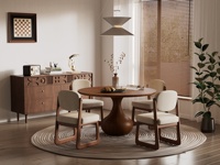 Table à manger ronde Voxhome en bois grainé moderne, base sur pied bombé, placage de bois massif multicouche pour mobilier de salle à manger