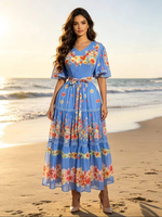 Ventes en gros de robes mi-longues plissées à manches courtes à imprimé floral col en V, robes décontractées élégantes Miyaki, robes pour femmes grandes tailles