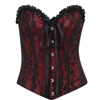 Corsé corto de encaje floral rojo y negro para mujer, estilo gótico victoriano, con volantes y lazo frontal, cierre de busk.