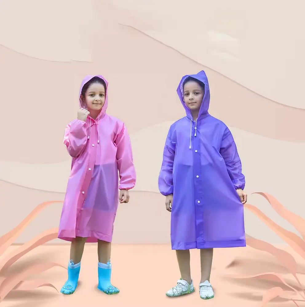 Outdoor impermeabile pioggia riutilizzabile EVA giacca da pioggia con cappuccio e maniche per bambini Poncho per escursioni per ragazzi e ragazze