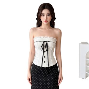 Débardeurs pour femmes en tissu tissé Spandex/Polyester respirant et écologique, avec dentelle Sweet Bow sur le devant, dos <span class=keywords><strong>smocké</strong></span>, sexy, <span class=keywords><strong>sans</strong></span> bretelles, couleur unie - Product Image 1