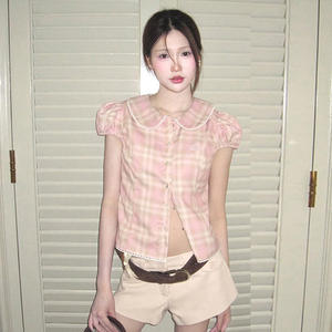 Camisa de Manga Abullonada con Estampado de Cuadros Rosa Estilo Preppy Francés, Top de Manga Corta con Cuello y Corte Ajustado para Mujer, Ropa de Verano - Product Image 1