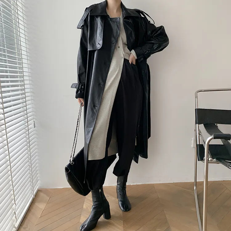 New arrival OEM Private label oversized trench coat woman black maxi length long leather trench coat with belt for women