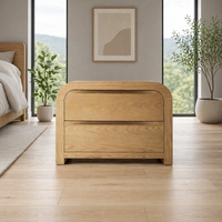 Table de chevet élégante en chêne courbé, table de chevet minimaliste à 2 tiroirs, armoire latérale en bois de style Japandi de luxe pour suite parentale