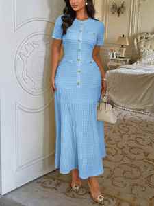 Women's 2026 Fall Midi <b>Dress</b> Fashion Button Round Neck Short Sleeve Ribbed Knit Winter Holiday Casual <b>Dresses</b> - Product Image 5