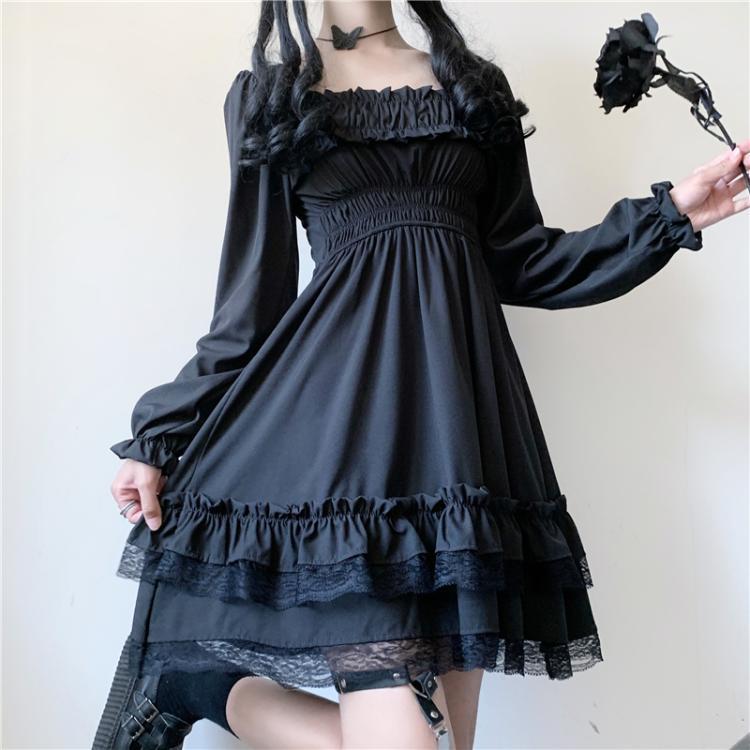 Wholesale Long leeves Lolita Black Dress Goth Aesthetic Puff leeve High Waist Lace Trim Party Gothic Clothes Dress Woman,2 Pieces