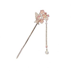 Horquillas de metal con borlas de flores de esmalte de perla china, adorno para el cabello estilo Hanfu para mujer - Product Image 4
