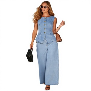 Chaleco de botón sin mangas directo de fábrica al por mayor Pantalones rectos sueltos logotipo personalizado <span class=keywords><strong>traje</strong></span> de <span class=keywords><strong>mujer</strong></span> de mezclilla - Product Image 1