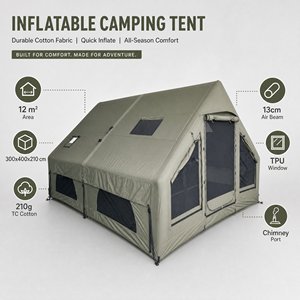 <span class=keywords><strong>Tente</strong></span> gonflable en coton 12 ㎡   <span class=keywords><strong>Tente</strong></span> de glamping verte 3x4m en toile TC 210g imperméable avec cheminée pour camping en plein air - Product Image 4