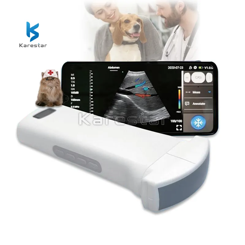 Inalámbrico veterinario bolsillo de mano color doppler ultrasonido 192 elementos sonda convexa WiFi sonda de ultrasonido