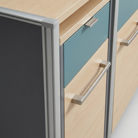 Bureau modulaire convertible en L 4 places avec cloison en panneaux de particules E1, tiroirs de rangement, écologique et mobile