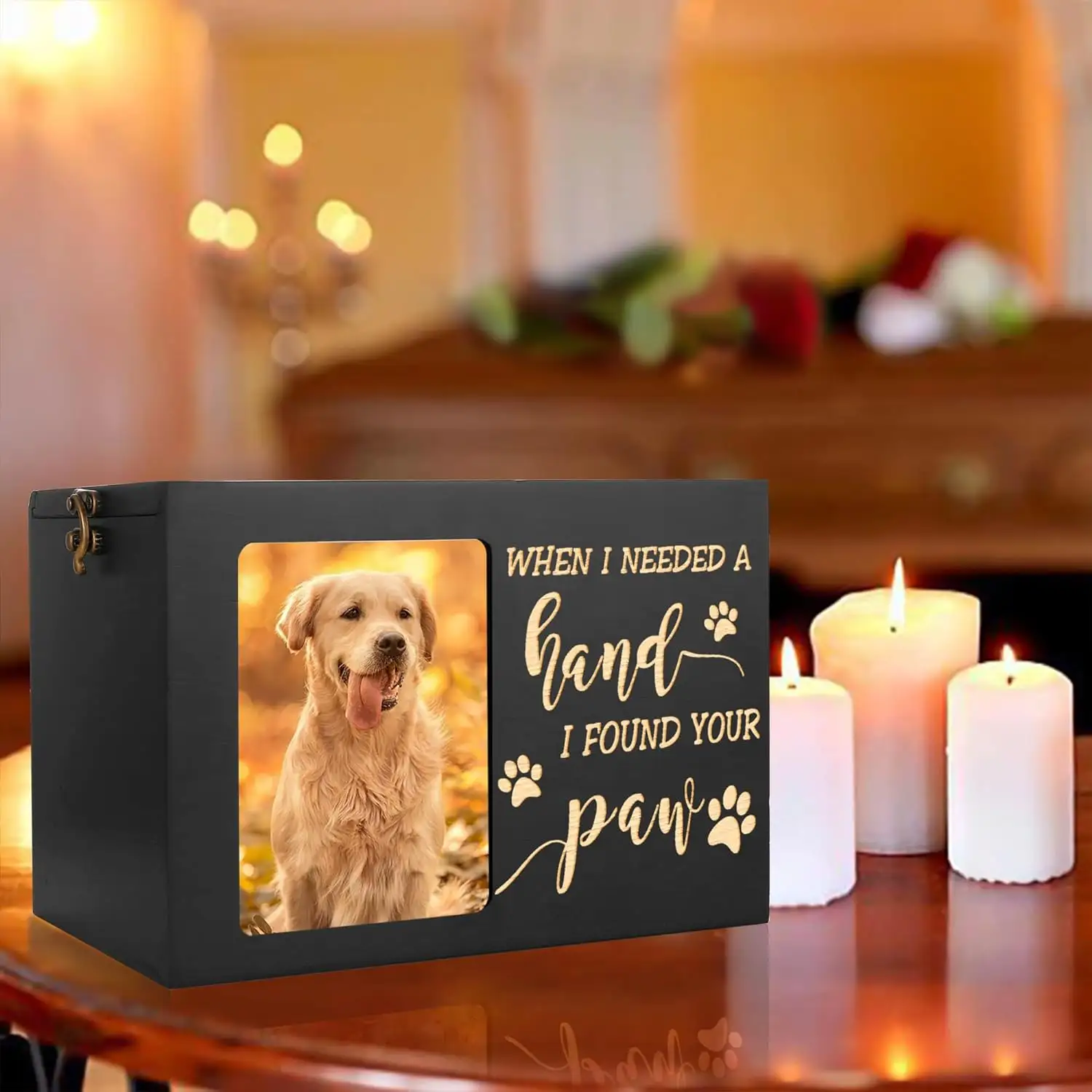 Pet memorial caixa com cão ou gato cinzas, urna funeral de madeira grande com moldura, preto memorial caixa caixão