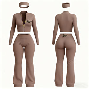 Y2K Conjunto de chándal con logotipo personalizado para mujer Chaqueta con cremallera completa personalizada con pantalones acampanados Gimnasio Fitness Conjunto de 2 piezas Ropa activa para mujer - Product Image 2