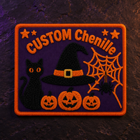 Parche Bordado de Chenilla y PVC Termoadhesivo 3D de Halloween con Diseño de Sombrero de Bruja, Gato Negro, Calabaza, Telaraña y Flor para Sombreros, Chaquetas, Bolsos y Personalización