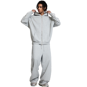 Men's Oversized Black <b>Hooded</b> <b>Zip</b>-Up Sweatshirt Set Casual Cotton French Terry Pants Solid Color Autumn Wear - Product Image 4