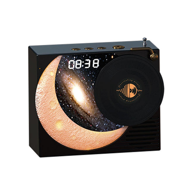 RGB LED Lighting Desktop Speaker USB Charging Moon Clock Starry Sky Design Vinyl Record Player Home Theatre Gift