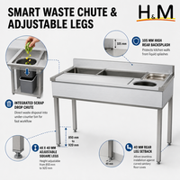 Table de préparation professionnelle en acier inoxydable 304 avec bacs GN, gouttière de récupération des déchets, planche à découper de 20 mm, poste de travail de 55 pouces