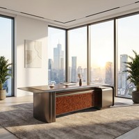 Meja Eksekutif Premium Crystal Glaze Veneer Kayu Burl E1 MDF Smart LED Power Hub Meja CEO Meja Kantor Mewah