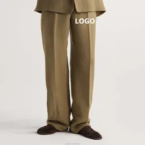 Wholesale Straight Leg Textured Virgin Wool Blend Custom Embroidered Logo Men'S Khaki Casual Baggy Pants & Trousers