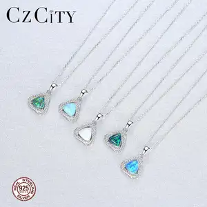 CZCITY Geometric Stone Necklace Sterling Diamond Chain Dainty Cz Jewelry Woman Cute Opal Pendant