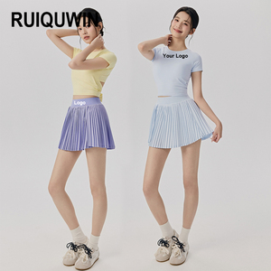 RUIQUIWN OEM Rok Lari Bernapas Set Kebugaran Gym Punggung Berlubang Wanita Rok Lipit Pakaian Pilates Tenis - Product Image 1