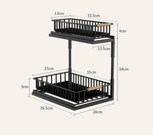Modern <b>Stackable</b> Kitchen Storage Rack Iron 2-Tier <b>Basket</b> Shelf with Wooden Handles 34cm Height for Sink Cabinet Organization - Product Image 1
