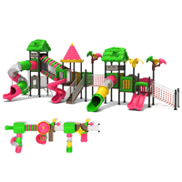 Aire de jeux extérieure personnalisée pour enfants, thème jungle forestière, ensemble de toboggans en plastique et métal, tube transparent, toboggan spiralé, filet d'escalade - 500 kg+