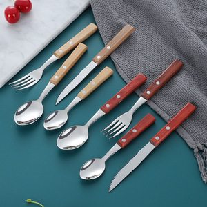 304 Stainless Steel <b>Knife</b> <b>Fork</b> <b>Spoon</b> <b>Set</b> Rosewood Handle Serrated Edge Western Cutlery 4 Pieces - Product Image 2