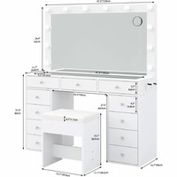 Table de toilette vintage avec miroir en verre LED, coiffeuse de chambre à coucher en bois blanc moderne, coiffeuses à miroir pour filles avec éclairage