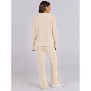FOXA Women Waffle Knit <b>Sweater</b> <b>Set</b> Full Sleeve Matching Wide Leg Pants Casual Autumn Outfit Anti Pilling Knitted Tracksuit - Product Image 2