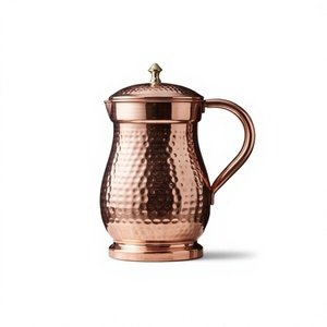 Fine Hammered Pure Copper Water <b>Jug</b> Pitcher with Lid Traditional Ayurvedic Drinking Vessel Metal Barware - Product Image 1