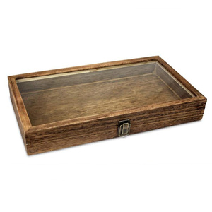 Brown Wood Jewelry Storage Box in Tempered Glass Top Lid countertop Wooden jewelry display case box
