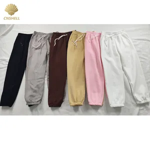 Celana Jogger polos longgar wanita, celana karet pinggang elastis serut saku samping katun bulu domba musim dingin 330gsm