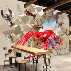 KOMNNI Custom Creative Wallpaper Crayfish Broken Wall Mural Wallpaper Seafood Hot Pot Restaurant Kitchen Background Wall Mural