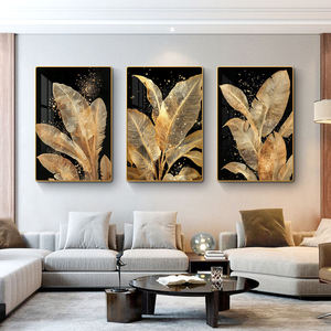 Peintures murales de luxe à feuilles dorées pour fond de canapé, salon, 3 panneaux 3D, peinture en porcelaine cristalline à motifs végétaux - Product Image 2