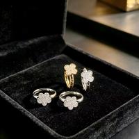 Cincin Wanita Titanium Steel Zircon Clover Mewah Berkilauan Langit Berbintang CZ Bunga Berlian Elegan untuk Jari Kelingking Hadiah Perhiasan