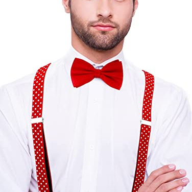 Оптовая продажа, 3 зажима, красные подтяжки для взрослых с белым принтом в горошек, набор галстуков-бабочек для вечеринки
