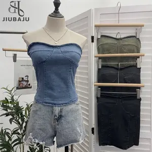 Chic Retro Denim Tops Strapless Backless Slim Fit Women Tank Fashion Stretch Corp Sexy Camis