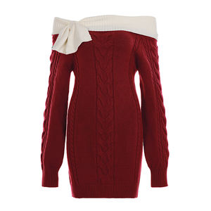 Vestido Mini Sólido con Hombros Descubiertos, Estilo Dulce y Femenino, Tejido de Punto con Lazos, Corte Regular, Cintura Natural, Transpirable, Silueta Lápiz para Otoño - Product Image 5