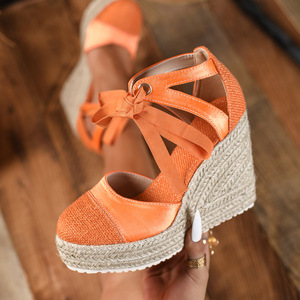 <span class=keywords><strong>Espadrilles</strong></span> Xuanhui en satin orange vif, sandales <span class=keywords><strong>compensées</strong></span> <span class=keywords><strong>à</strong></span> plateforme de 11,5 cm, <span class=keywords><strong>à</strong></span> lacets en ruban, pour l'été et les vacances <span class=keywords><strong>à</strong></span> la plage - Product Image 4
