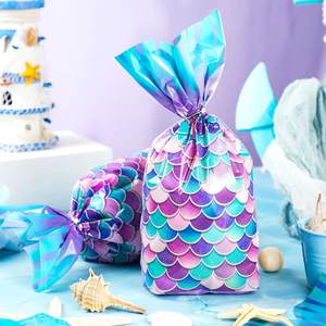 Birthday Girls Mermaid Party Favors Goodie Candy Bags Bolsas <span class=keywords><strong>de</strong></span> celofán <span class=keywords><strong>de</strong></span> fondo ancho con lazos plateados - Product Image 4
