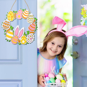 Easter Cartoon Bunny <b>Egg</b> Wreath Wooden Hanging <b>Decoration</b> For Indoor Door Party Easter Decor Round Boxwood Design - Product Image 4